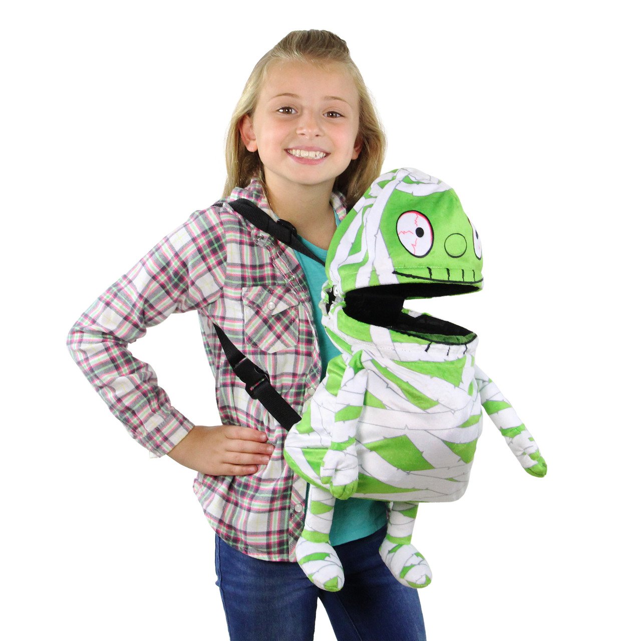 Kids Interactive Green Mummy Plush Candy Backpack | Music Playing Trick or Treat Bag