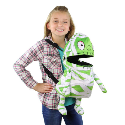 Kids Interactive Green Mummy Plush Candy Backpack | Music Playing Trick or Treat Bag