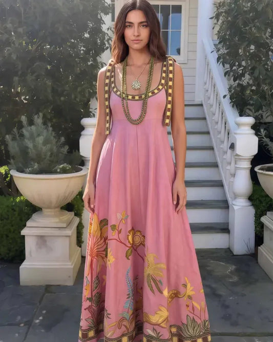 Vestido midi bordado de mezcla de lino para mujer 2026