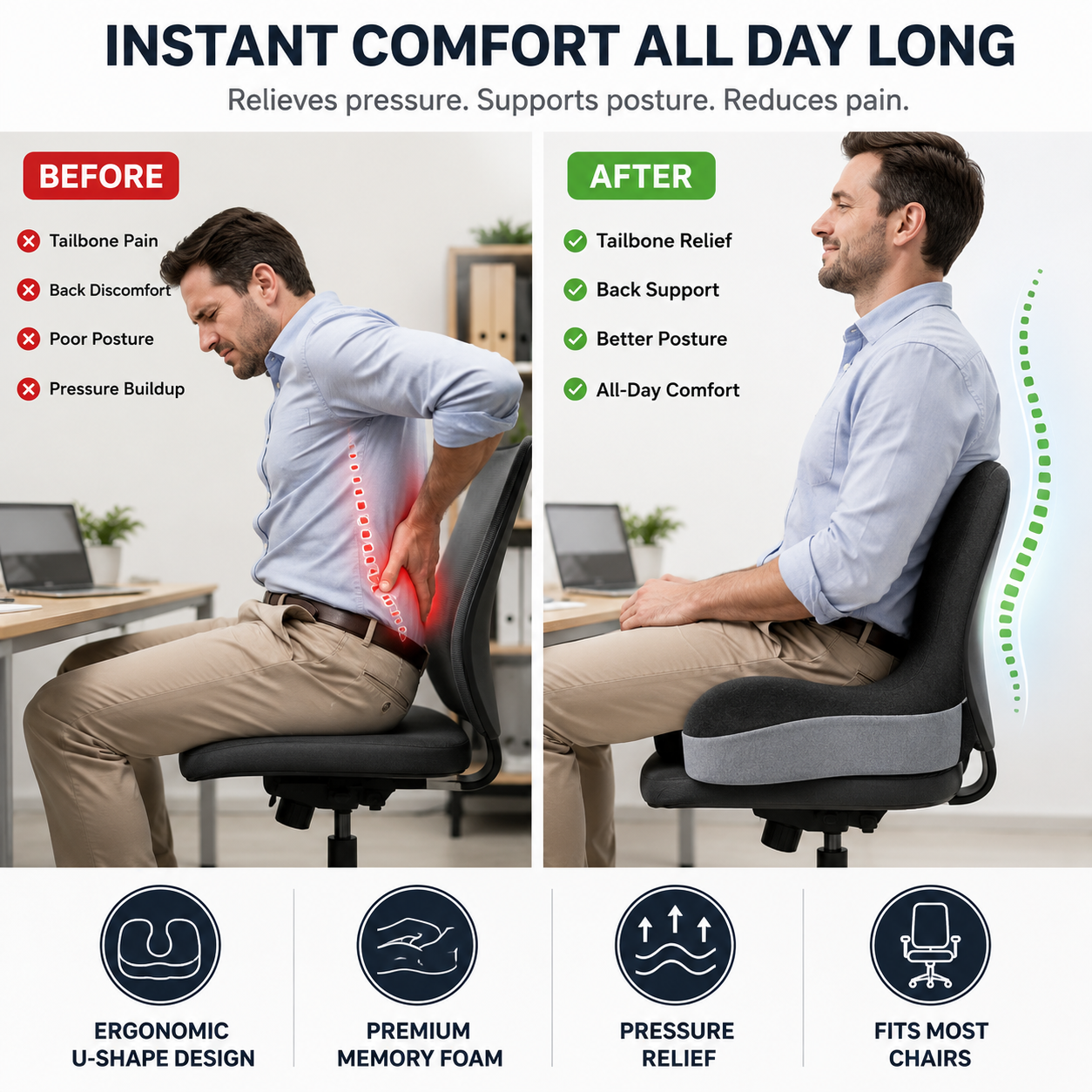 🔥Sitting all day? This cushion can instantly relieve pressure on your back and tailbone.