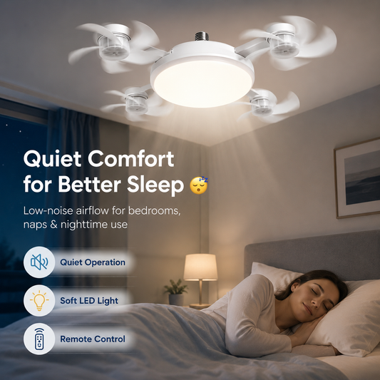 💡 Lámpara con ventilador de techo con casquillo E27 – Bombilla LED con ventilador 2 en 1 con mando a distancia para dormitorio, cocina y refrigeración del hogar