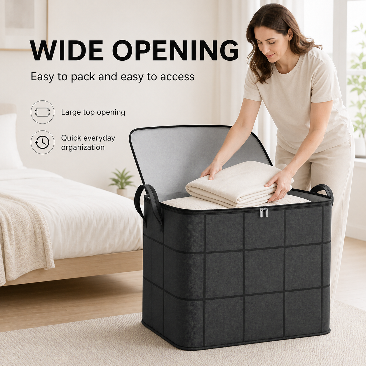 Spacious Moving Storage Bin – Large Capacity Zippered Fabric Organizer for Bedding & Clothes