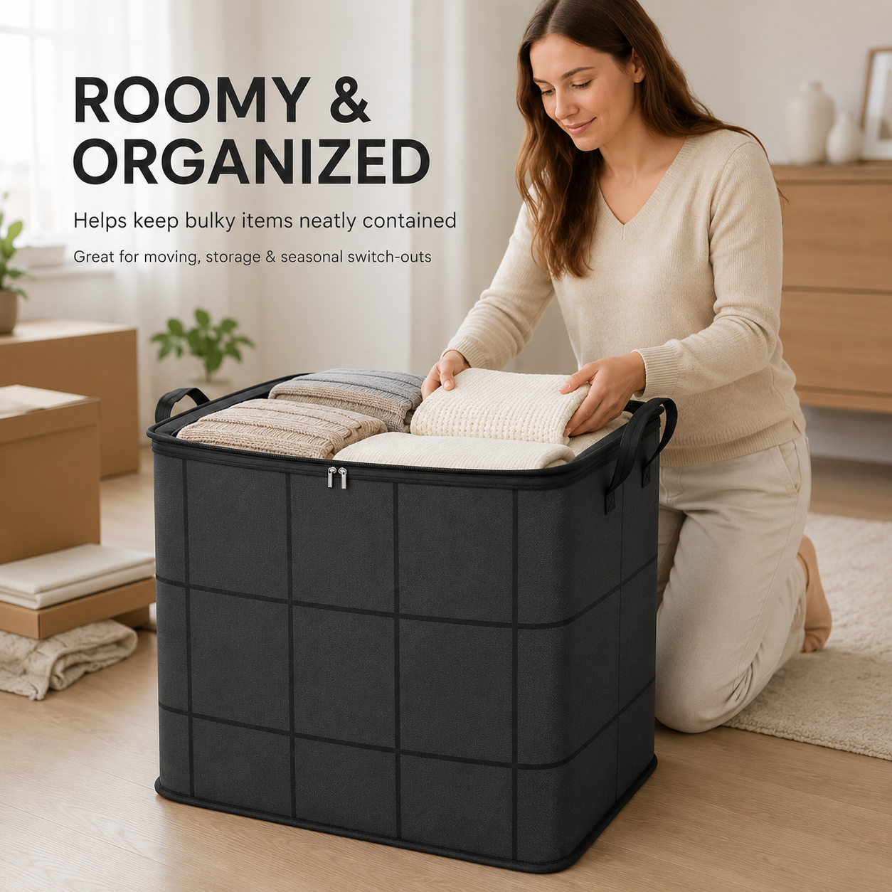 Spacious Moving Storage Bin – Large Capacity Zippered Fabric Organizer for Bedding & Clothes