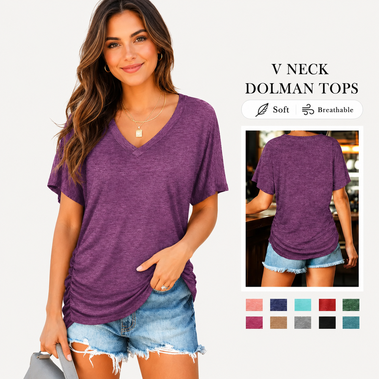 Last week's promotion:🔥70% off - Women's Short Sleeve V Neck Tops with Side Shirring Loose Fit Shirts