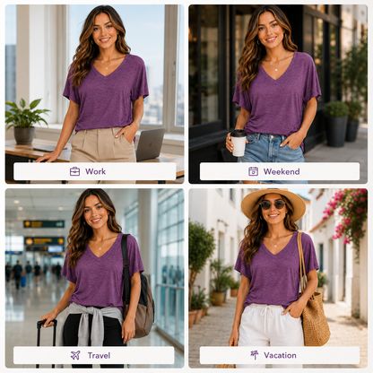 Last week's promotion:🔥70% off - Women's Short Sleeve V Neck Tops with Side Shirring Loose Fit Shirts