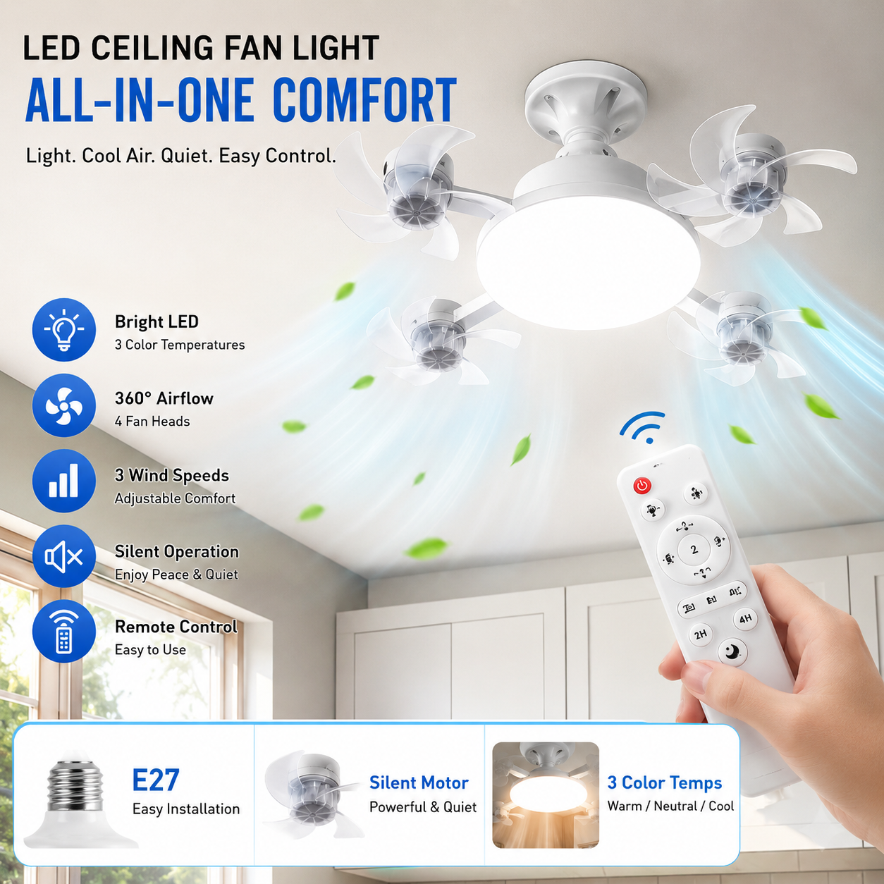 2026 New E27 Silent Socket Ceiling Fan Light with Remote Control