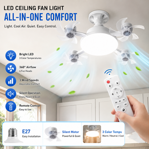 2026 New E27 Silent Socket Ceiling Fan Light with Remote Control