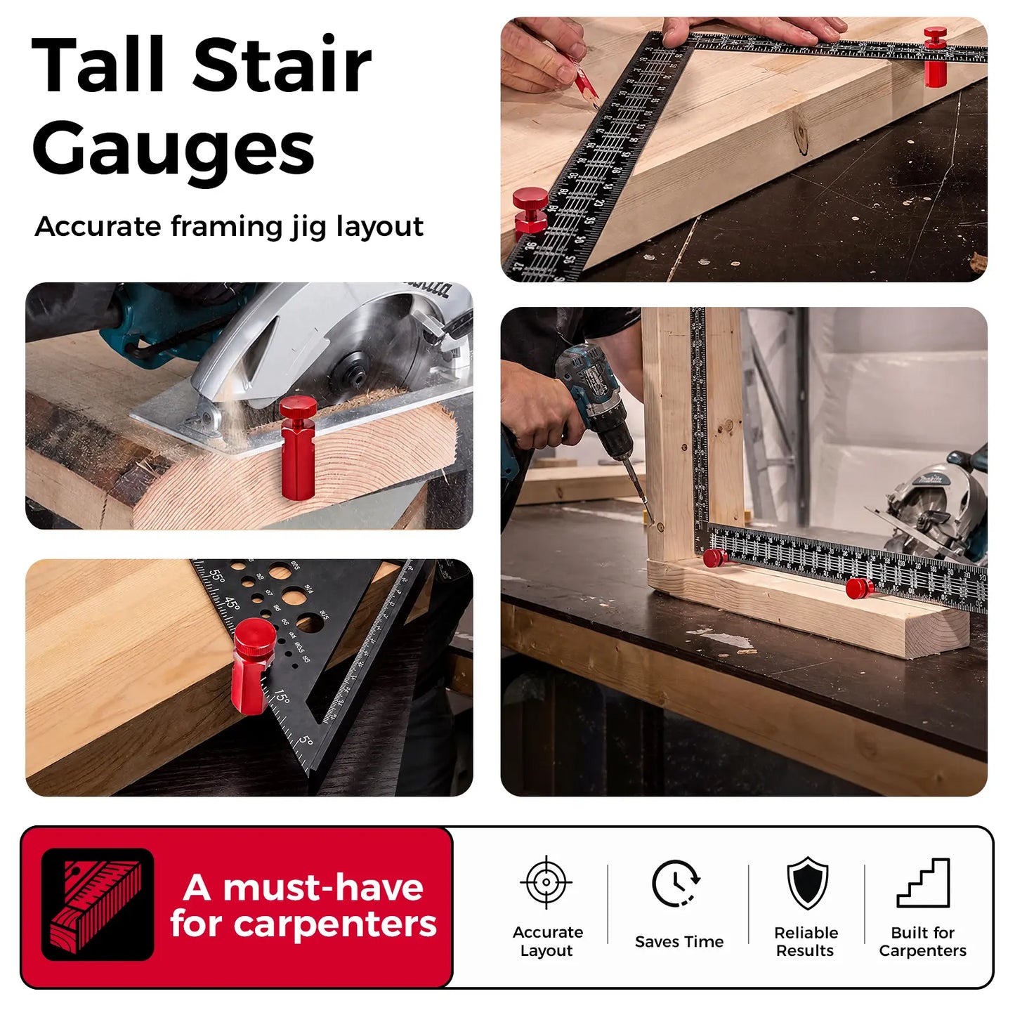 Tall Stair Gauges for Framing Square with Holder & Hook 📐🪵