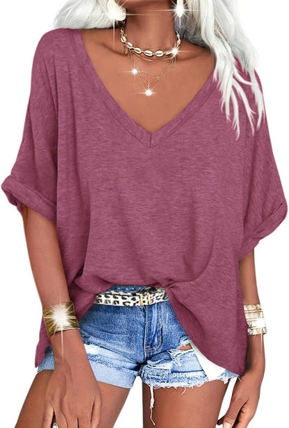Women's V Neck Oversized T-Shirt Loose Fit Casual Short Sleeve Summer Tops Loose Basic Tee