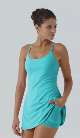 Women’s Spaghetti Strap Athletic Tennis Dress with Built-in Shorts