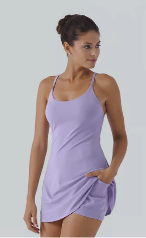Women’s Spaghetti Strap Athletic Tennis Dress with Built-in Shorts