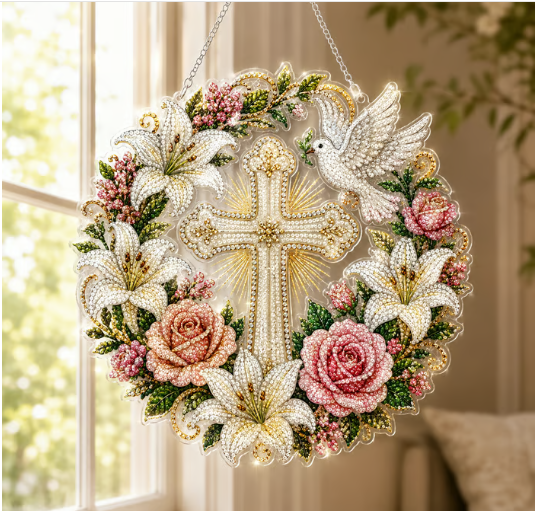 ✝️💐 Cross, Flowers &amp; Dove Diamond Art Hanging Ornament Kit – A Relaxing DIY Craft Filled with Faith &amp; Peace ✨🙏