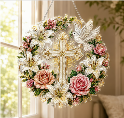 ✝️💐 Cross, Flowers &amp; Dove Diamond Art Hanging Ornament Kit – A Relaxing DIY Craft Filled with Faith &amp; Peace ✨🙏