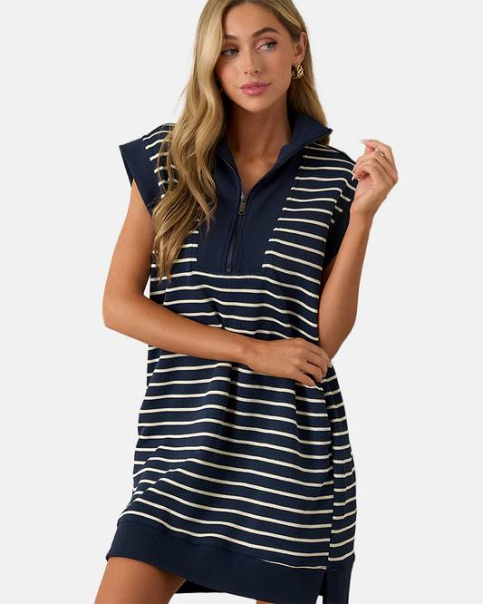 Vestido Mini Casual de Manga Corta con Cremallera a Rayas para Mujer