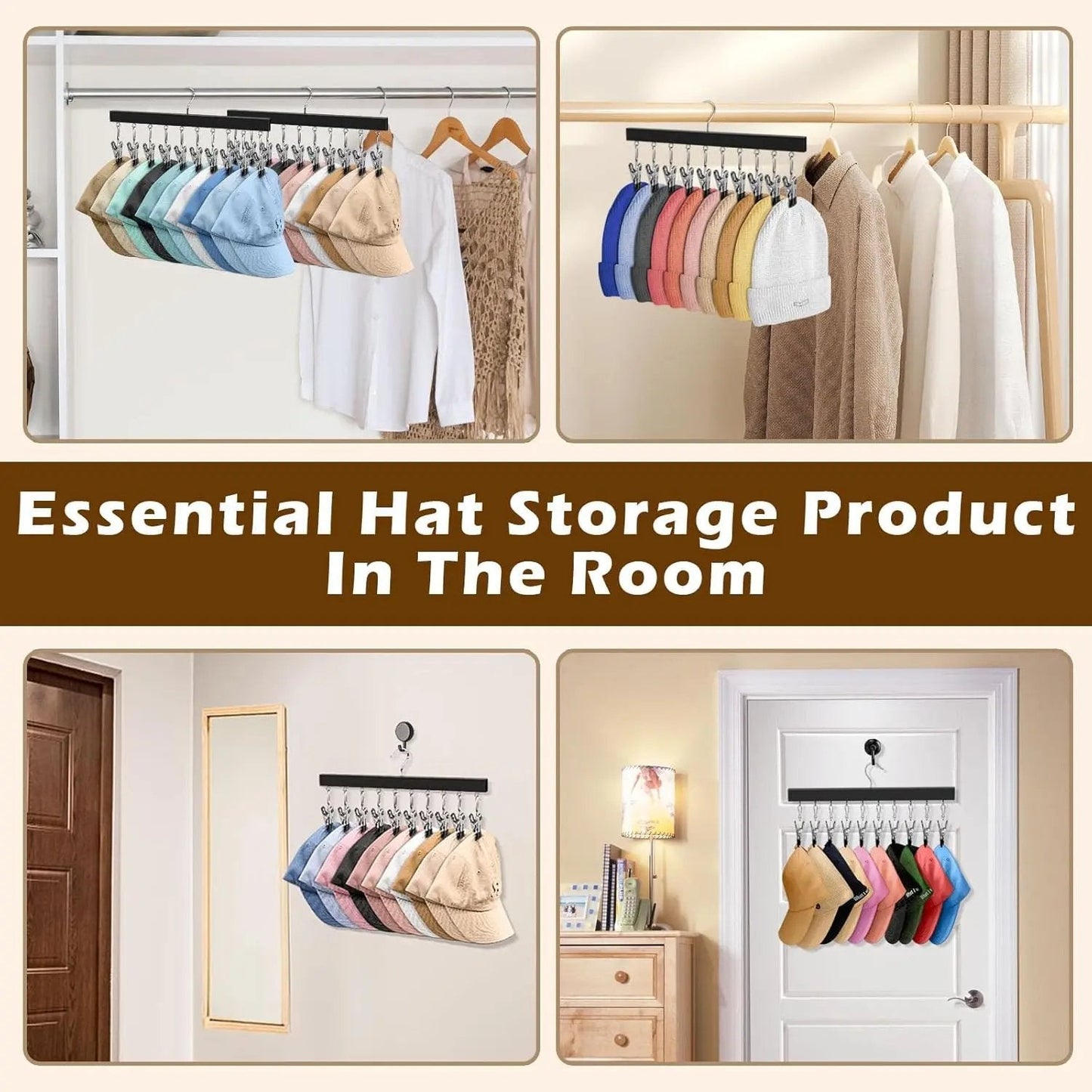 ✔️Wooden Hat Organizer with 12 Stainless Steel Clips Holds