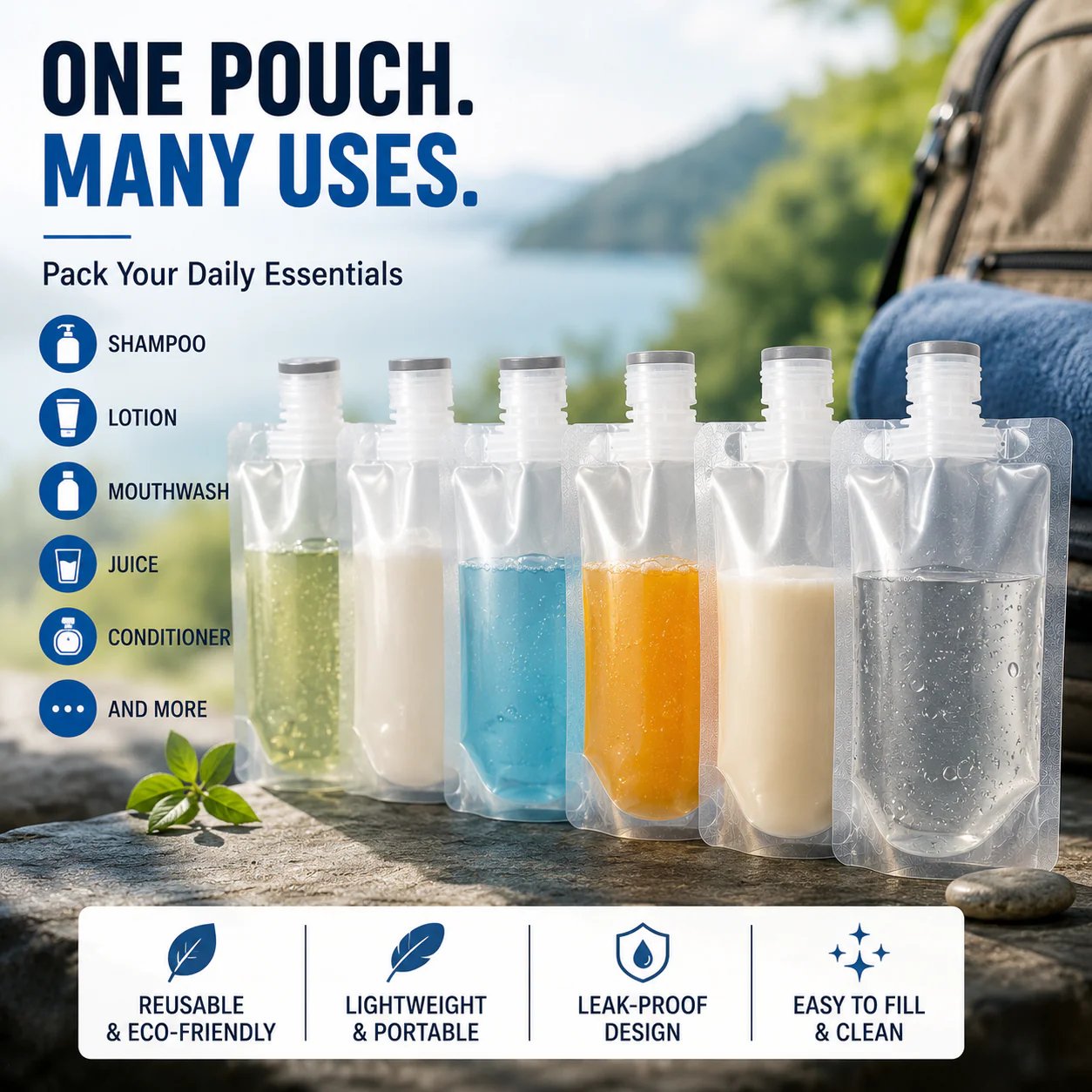 12 Counts Reusable Plastic Pouches — Versatile Liquid Carriers for Travel, Picnics & Outings