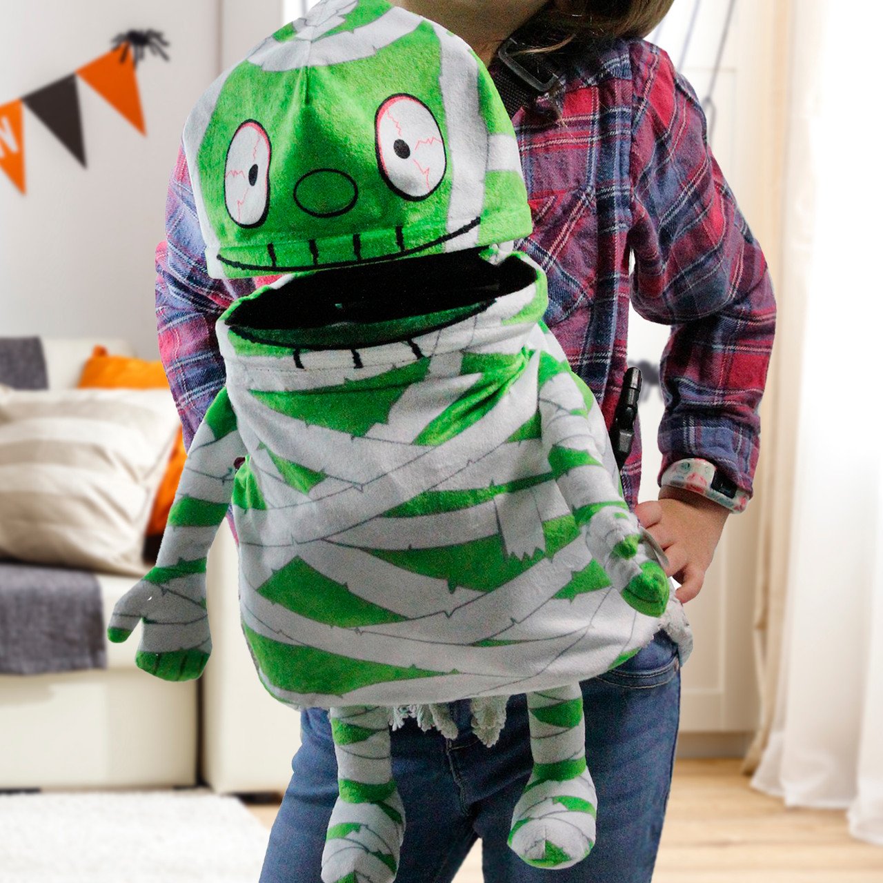 Kids Interactive Green Mummy Plush Candy Backpack | Music Playing Trick or Treat Bag