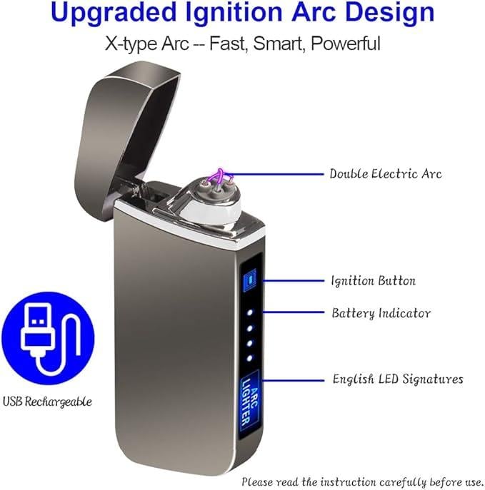 Metal Electric Lighter, Dual Arc, Windproof, LED Battery Indicator, Automatic Protection