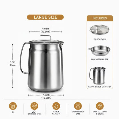 🎉68oz 201 Stainless Steel Deep Fryer Pot with Basket & Strainer, Large Capacity Bacon Grease Container for Kitchen,Frying, Cooking, Camping,Oil Filter Container - Dishwasher Safe