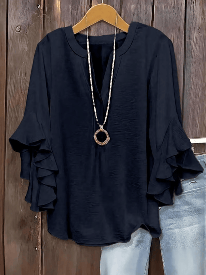 🔥Plus Size Women's Ruffle Sleeve V-Neck Shirt, Elegant Floral Design, Comfortable and Stylish, Perfect for Casual Wear
