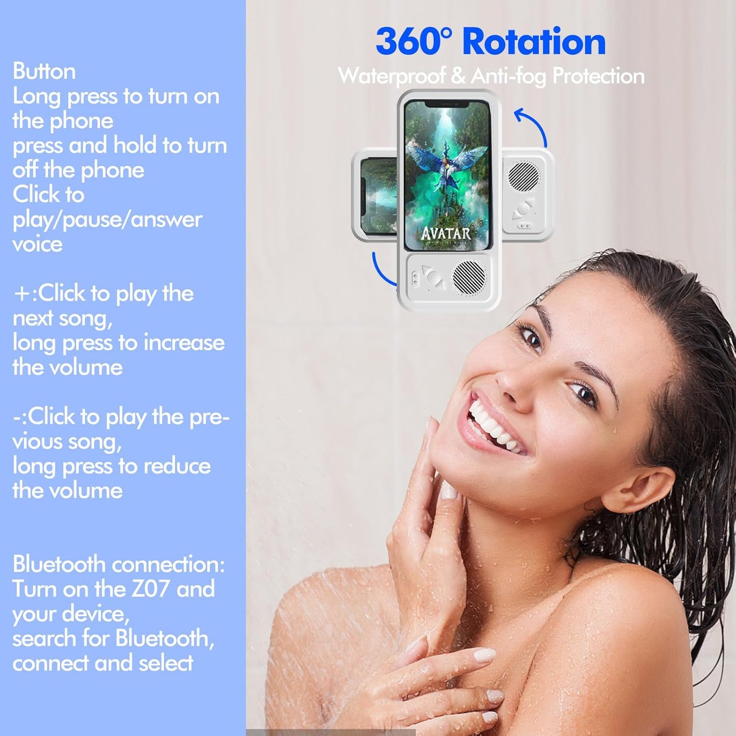 🔥Waterproof Bluetooth Shower Phone Holder - 480° Rotation with Speaker