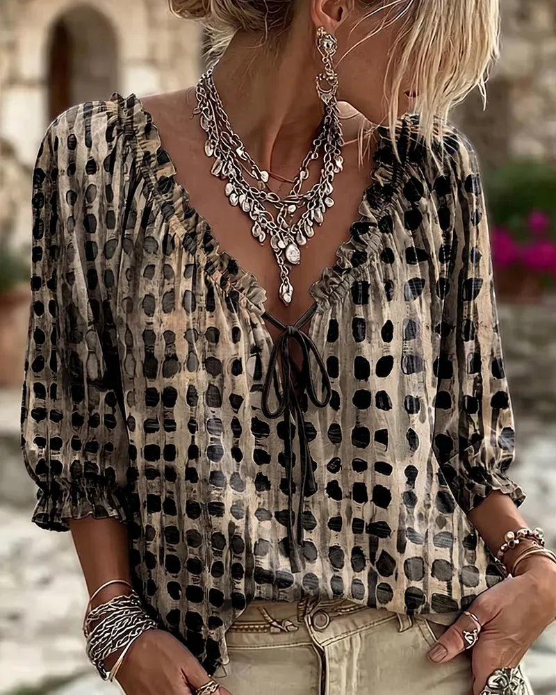 Women 3/4 Sleeve V-Neck Polka Dot Lace Up Blouse