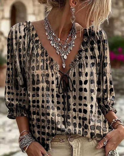 Women 3/4 Sleeve V-Neck Polka Dot Lace Up Blouse