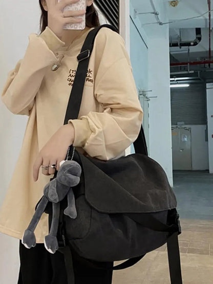 Solid Color Trendy Versatile Crossbody Bag with Cartoon Charm