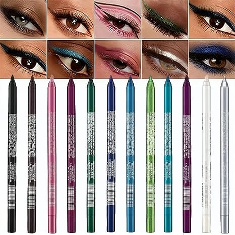 💧Lápiz delineador de ojos en gel de color resistente al agua, paquete de 12 – Acabados metálicos y brillantes, a prueba de manchas (el color del sacapuntas es aleatorio)