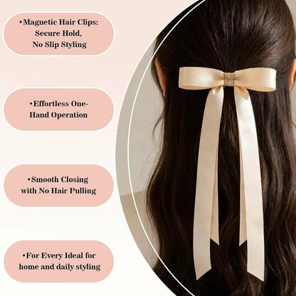 Magnetic Satin Long Ribbon Bow Clip – Smart, Stylish & Effortless Hair Styling