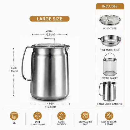 🎉68oz 201 Stainless Steel Deep Fryer Pot with Basket & Strainer, Large Capacity Bacon Grease Container for Kitchen,Frying, Cooking, Camping,Oil Filter Container - Dishwasher Safe