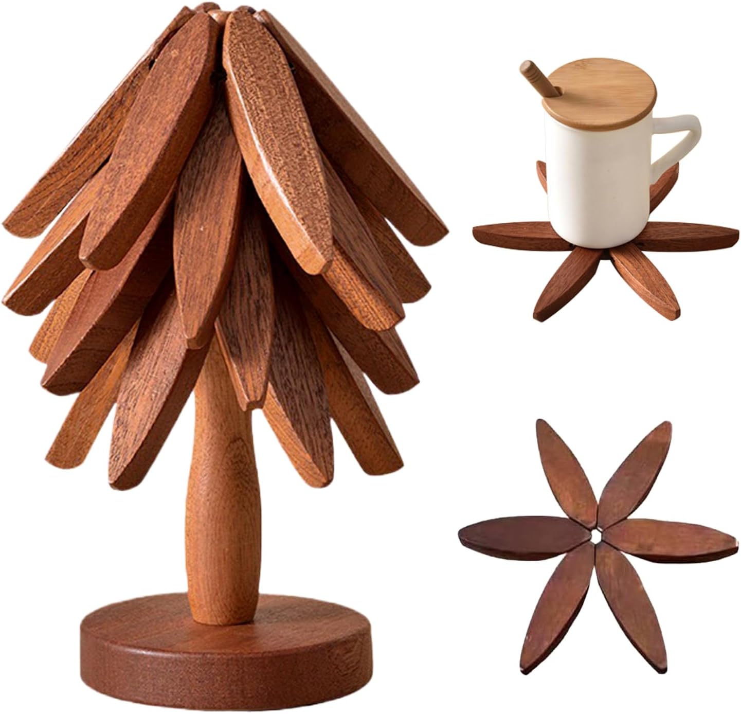✨🎄Natural Tree Trivet Set - 4 Wooden Trivets & 1 Stand Like a Christmas Tree🎄