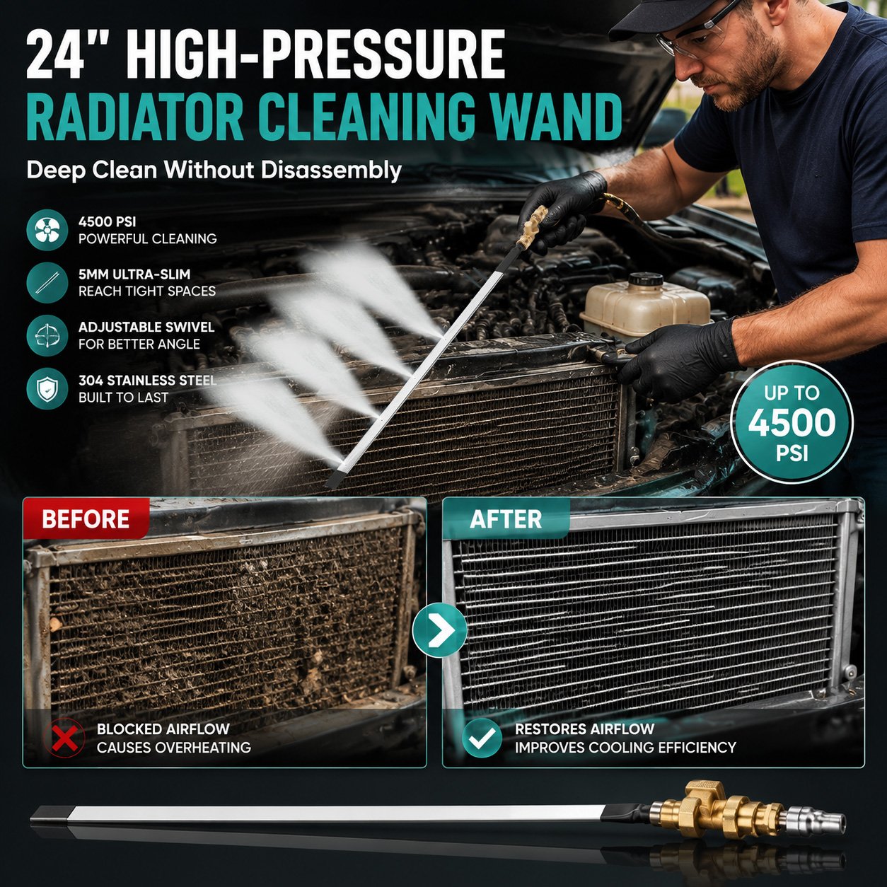 🚗 24-Inch High-Pressure Radiator Cleaning Wand