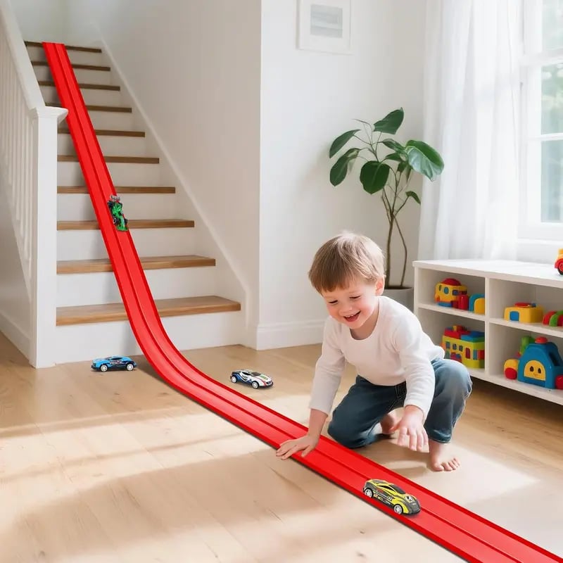 Track racing set, including mini race cars, suction cups, and hooks, perfect as a birthday and Christmas gift for kids.