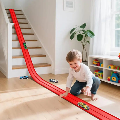 Track racing set, including mini race cars, suction cups, and hooks, perfect as a birthday and Christmas gift for kids.