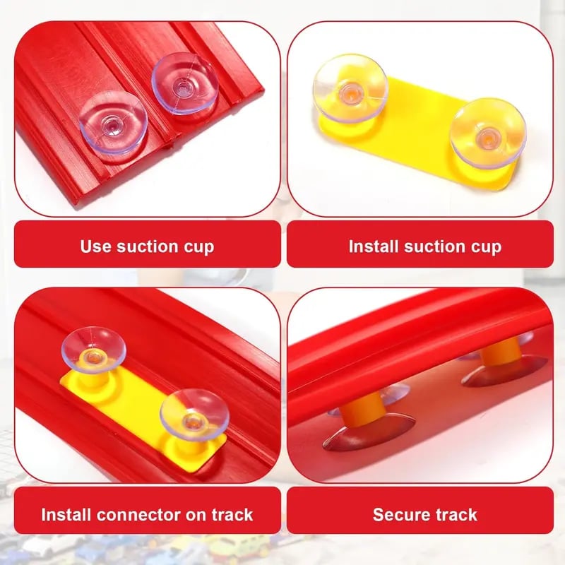 Track racing set, including mini race cars, suction cups, and hooks, perfect as a birthday and Christmas gift for kids.