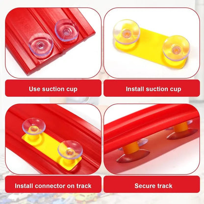 Track racing set, including mini race cars, suction cups, and hooks, perfect as a birthday and Christmas gift for kids.