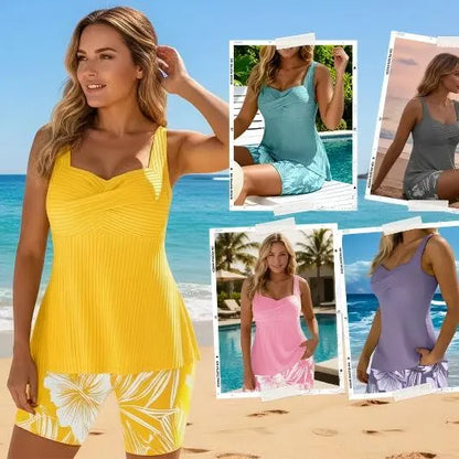 🔥🔥🔥Two-piece Body Covering Surplice Tankini Printed Boxer Swimsuit