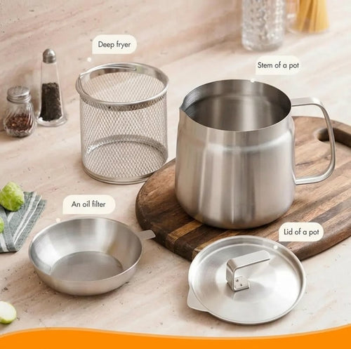 🎉68oz 201 Stainless Steel Deep Fryer Pot with Basket & Strainer, Large Capacity Bacon Grease Container for Kitchen,Frying, Cooking, Camping,Oil Filter Container - Dishwasher Safe