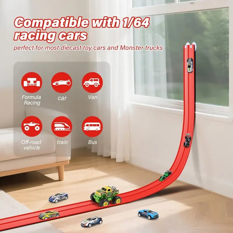Track racing set, including mini race cars, suction cups, and hooks, perfect as a birthday and Christmas gift for kids.