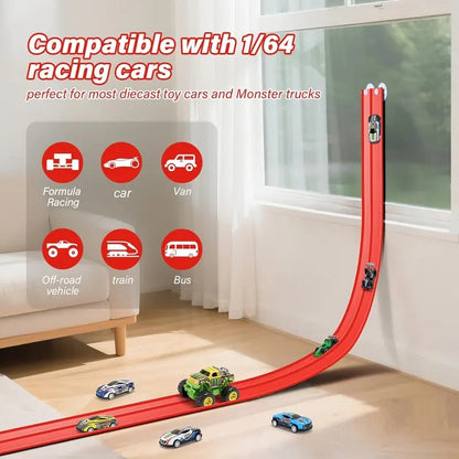 Track racing set, including mini race cars, suction cups, and hooks, perfect as a birthday and Christmas gift for kids.
