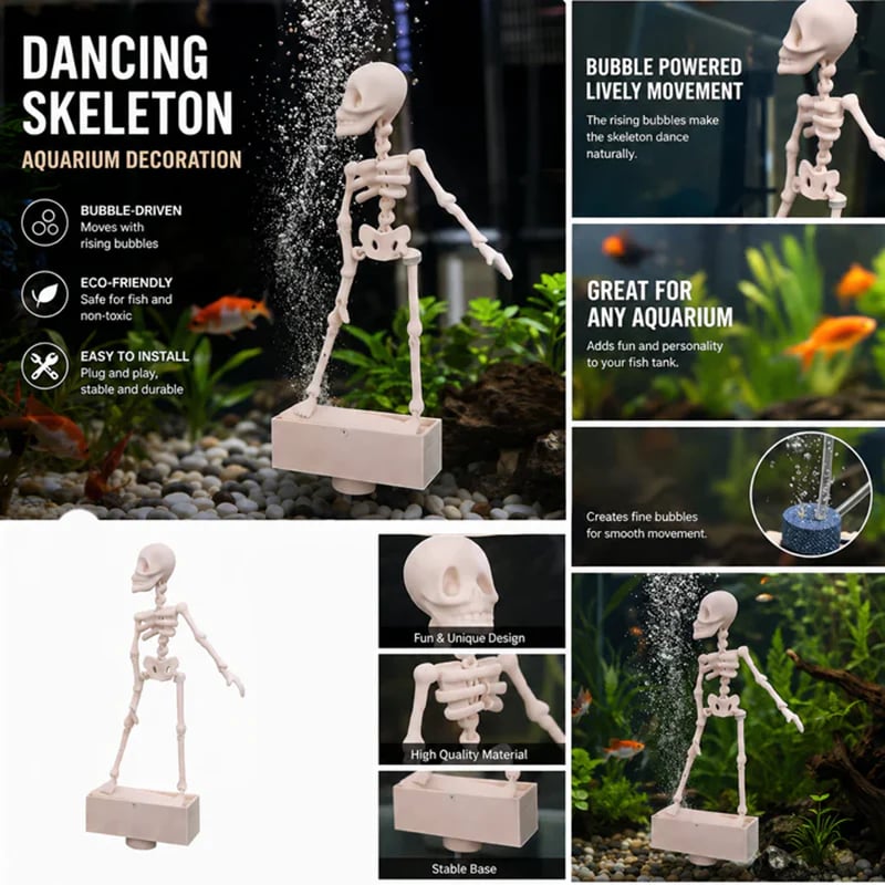 Dancing Skeleton Aquarium Ornament with Bubbles