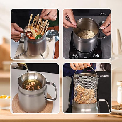 🎉68oz 201 Stainless Steel Deep Fryer Pot with Basket & Strainer, Large Capacity Bacon Grease Container for Kitchen,Frying, Cooking, Camping,Oil Filter Container - Dishwasher Safe