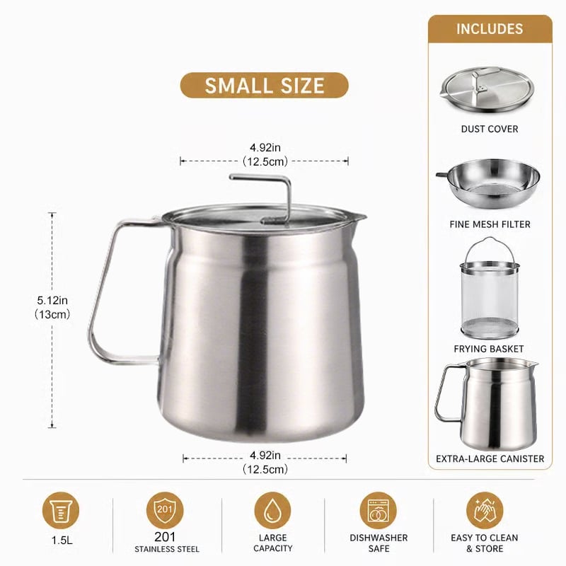 🎉68oz 201 Stainless Steel Deep Fryer Pot with Basket & Strainer, Large Capacity Bacon Grease Container for Kitchen,Frying, Cooking, Camping,Oil Filter Container - Dishwasher Safe