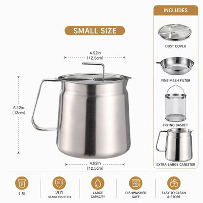 🎉68oz 201 Stainless Steel Deep Fryer Pot with Basket & Strainer, Large Capacity Bacon Grease Container for Kitchen,Frying, Cooking, Camping,Oil Filter Container - Dishwasher Safe