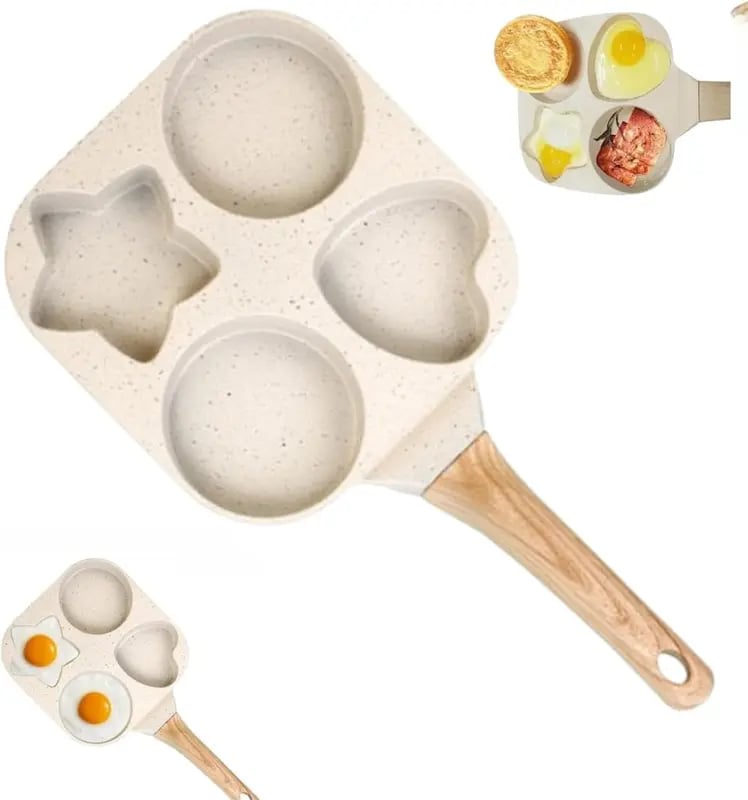🔥Non-stick four-hole star-shaped omelette pan cookware, granite style pancake pan with wooden handle