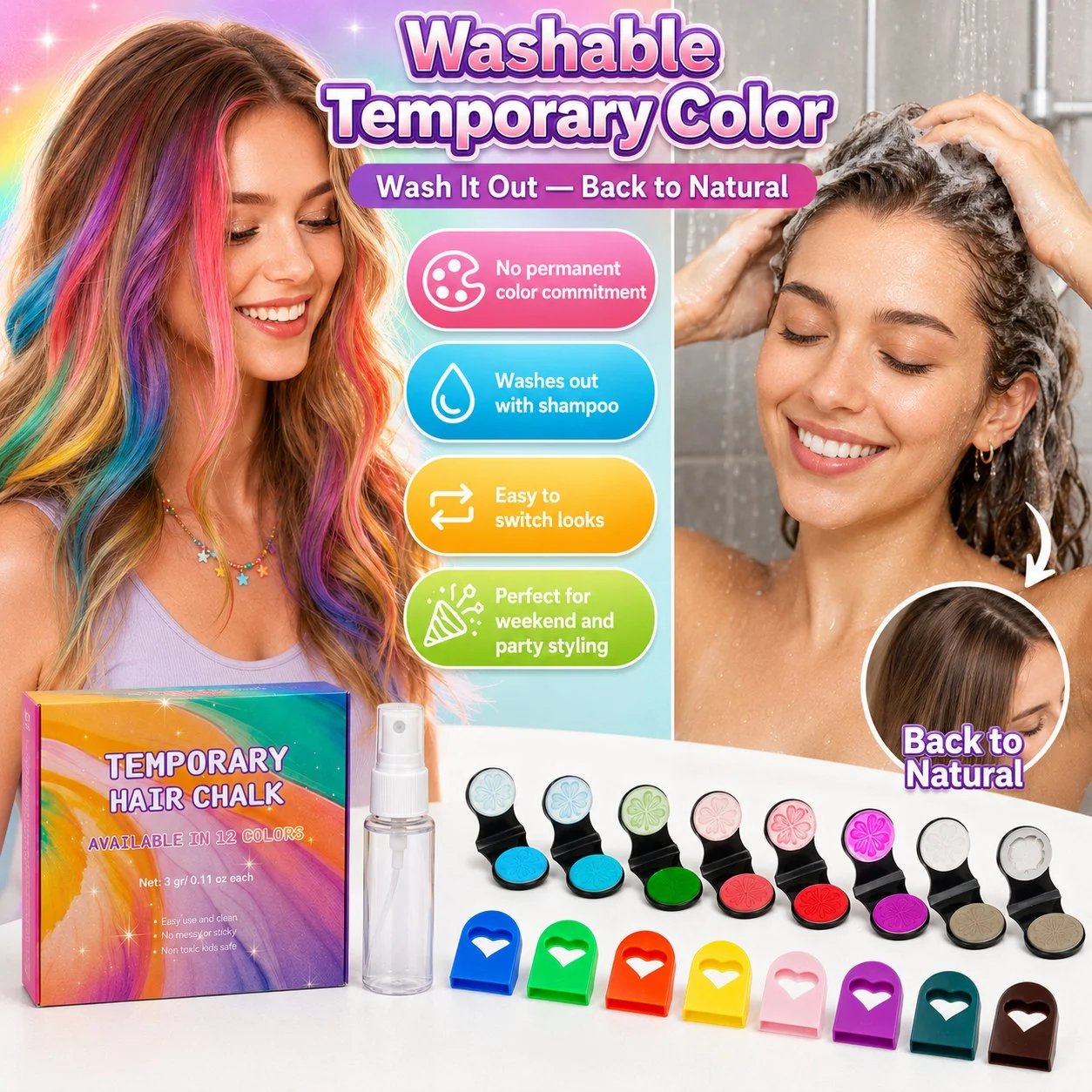 🔥50% OFF - 🌈12-Color Temporary Hair Chalk Applicator Set