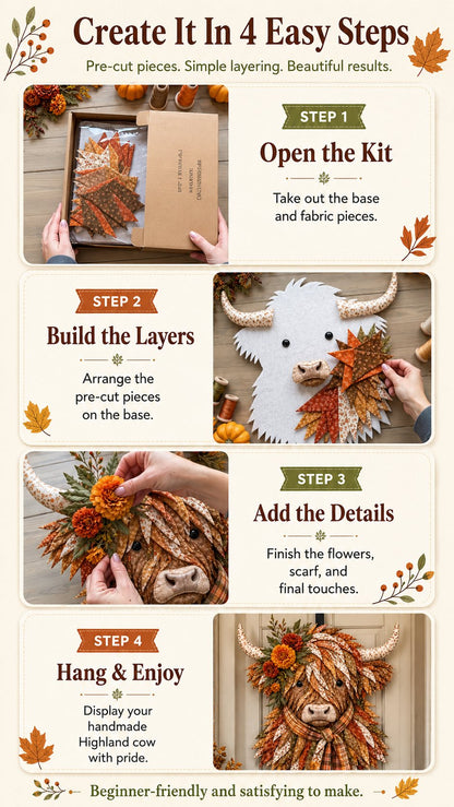 🐮💐🌸 Birth Flower Highland Cow 3D Layered Fabric Art DIY Kit (Beginner-friendly) 🔥 Buy 2 Free Shipping