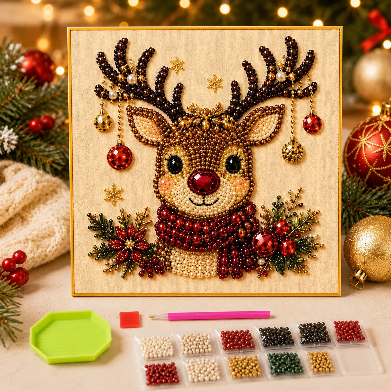Frameless 3D Beaded Christmas Pearl Diamond Painting, Xmas Wreath Stocking Mosaic Art🎄