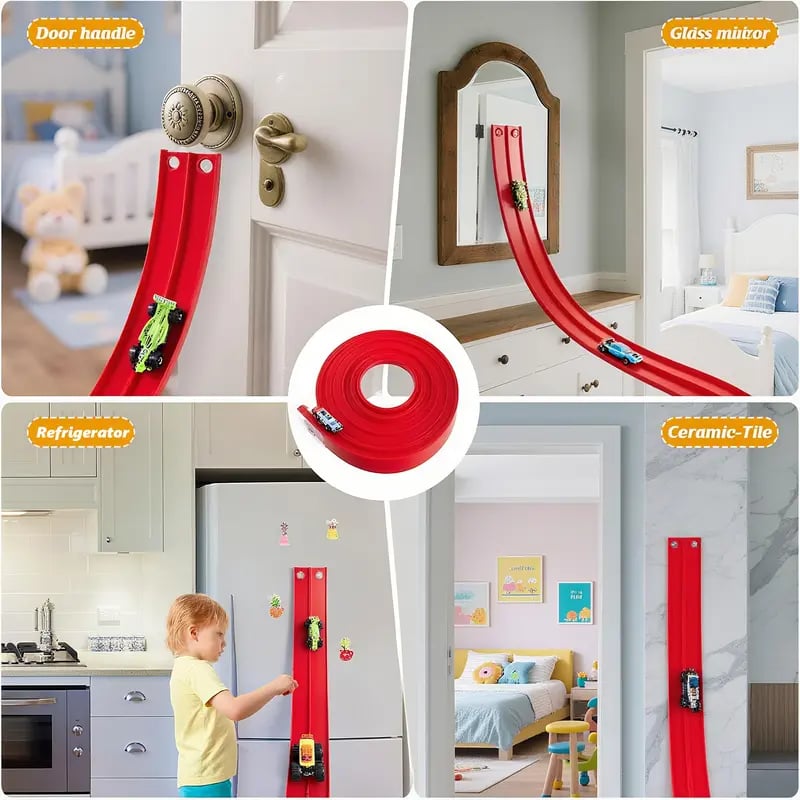 Track racing set, including mini race cars, suction cups, and hooks, perfect as a birthday and Christmas gift for kids.